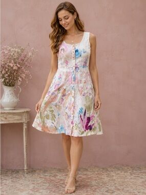 Dolcezza Linen Floral Dress Watercolor Garden Sleeveless Fit & Flare Art-To-Wear